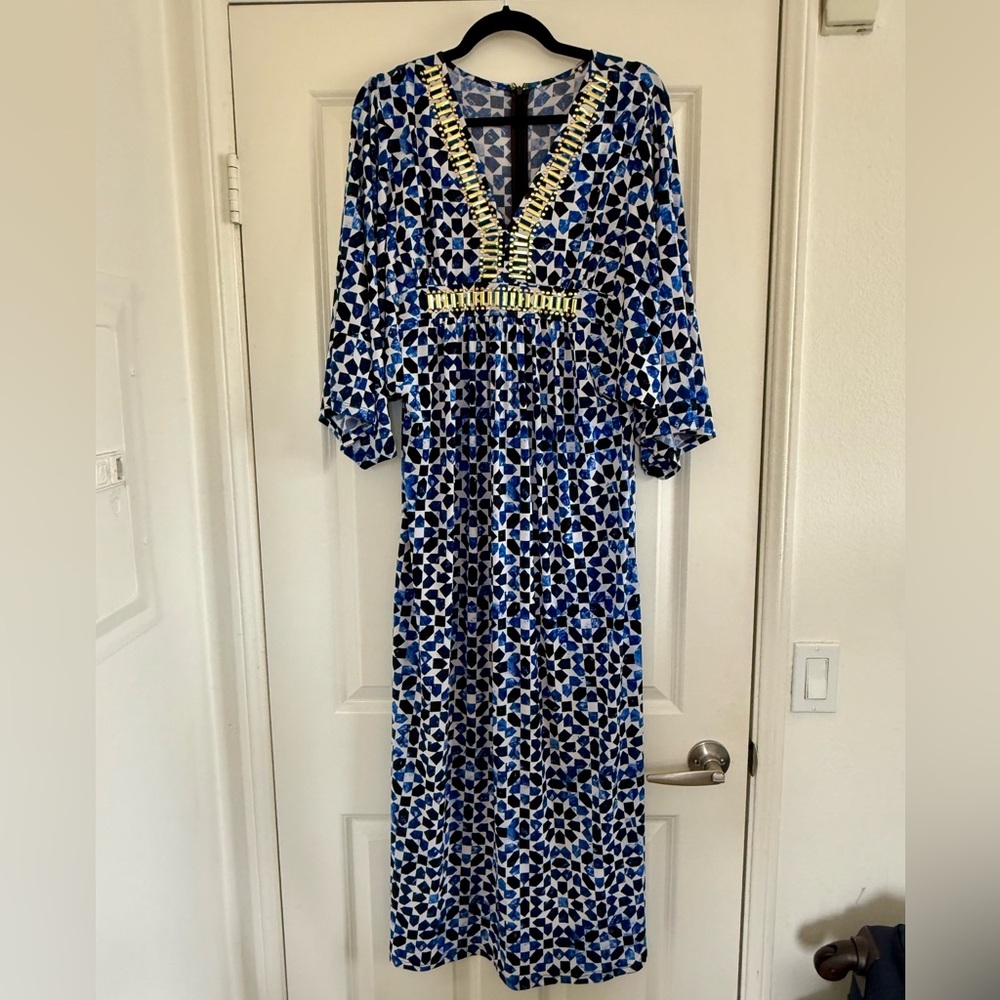 Michael Kors Blue Geometric Patterned Maxi Caftan Dress with Gold Embellishment